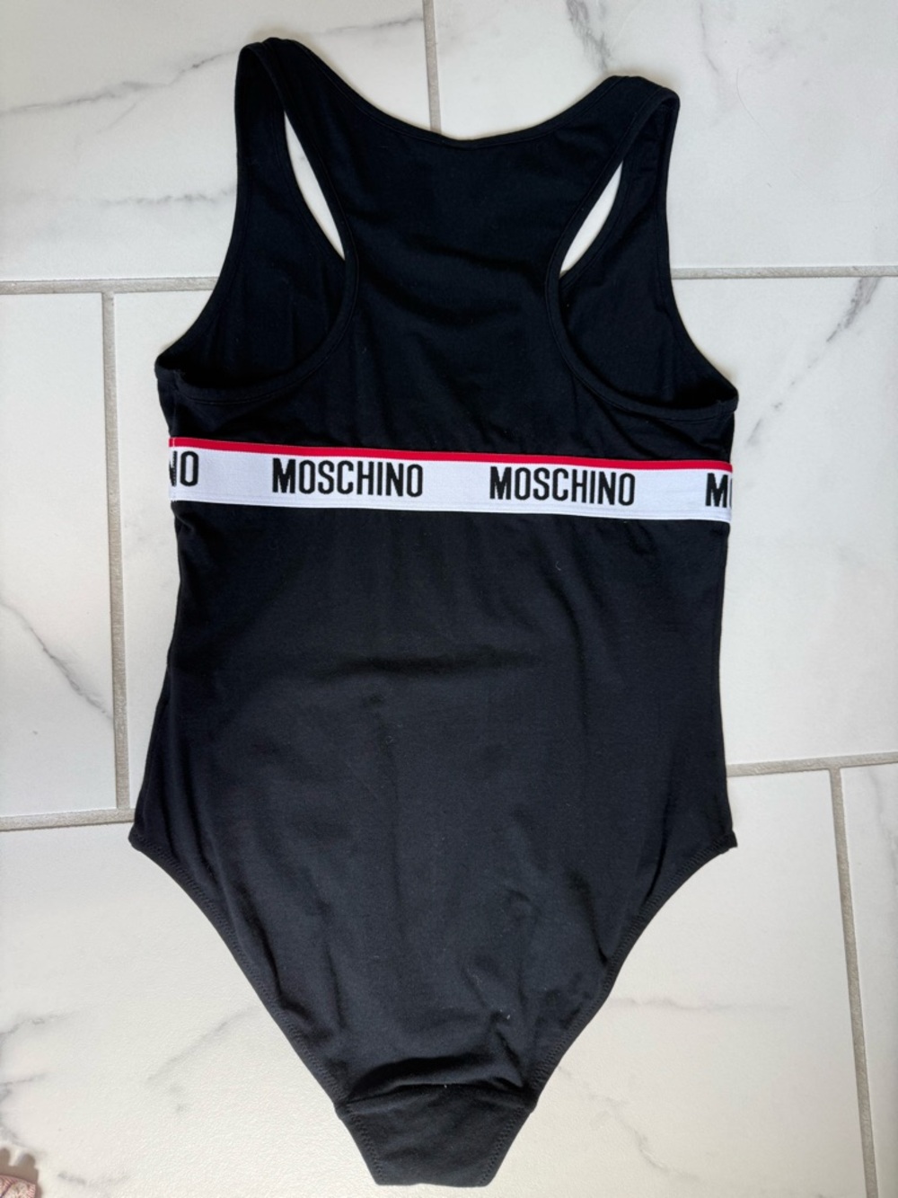 Moschino Black One-Piece Swimsuit with White & Red Logo Band